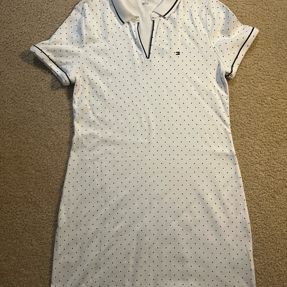Tommy Hilfiger White Polo Dress with Navy Polka Dot Trim
